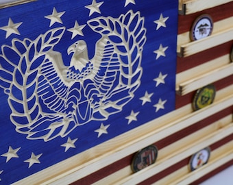 Military Challenge Coin Display Rack US Wood Flag with Warrant Officer Eagle Rising Logo