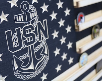 Black and white stained Military Challenge Coin Display Rack US Wood Flag for USN Chief Anchor with "Honor-Courage-Commitment" engraved