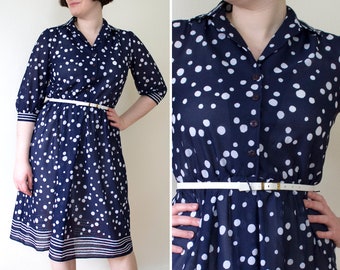 1970s Navy and White Polka Dot and Stripe Shirtwaist Dress // Small / Medium