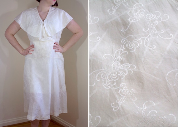 1930s Cream Silk Dress with Attached Capelet // Me