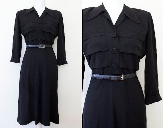 1940s Black Rayon Shirtwaist Dress // Large