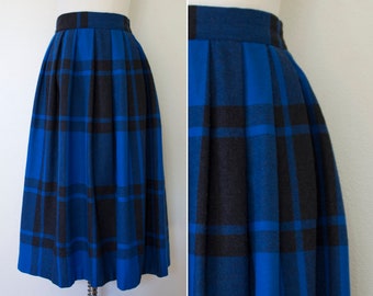 1980s Wool Plaid Pleated Midi Skirt // Large