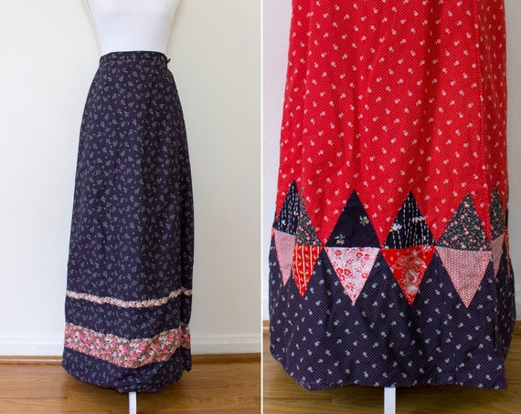 1970s Reversible Cotton Patchwork Maxi Wrap Skirt… - image 1
