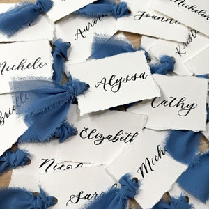 Calligraphy Place Cards, Deckle Edge Place Cards, Hand Torn Place Cards, Minimal Place Cards, Chiffon Ribbon Place Cards, Name Cards