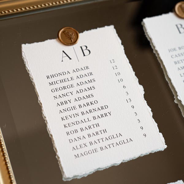 Deckled Edge Seating Chart Cards for Mirror, Alphabetical Table Assignment Cards for Wedding | Taylor Collection