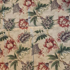 May include: A beige fabric featuring a repeating floral pattern with red, purple, and green botanical elements. The design includes stylized flowers and leaves connected by thin vines. The text Anna's Starry Night is printed on the bottom edge.