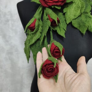 Felt Lariat Scarf Flower Dark Red Rose Brooch, Felted Wool Necklace Floral Bouquet, Fashion Skinny Scarf image 6