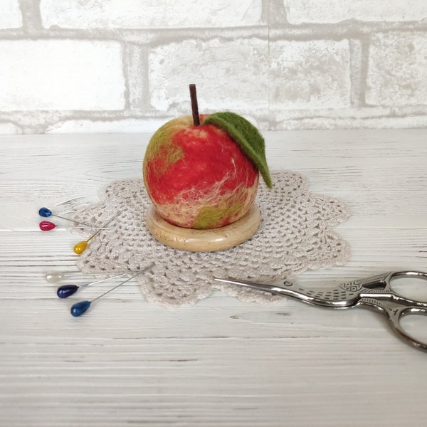 Felt wool pin cushion red yellow apple, Needle felted fruit table decor, Handmade pincushion gift  for tailor or mom or granny