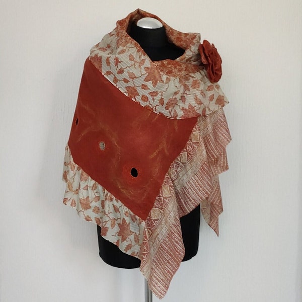 Nuno felted scarf, Felted wool brooch, Women terracotta beige felt scarf, Handmade wool silk scarf, Silk wool cape with felt brooch rose