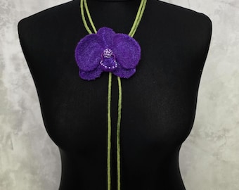 Purple Orchid Felt Necklace, Felted Wool Flower Lariat, Minimalist Floral Boho Choker