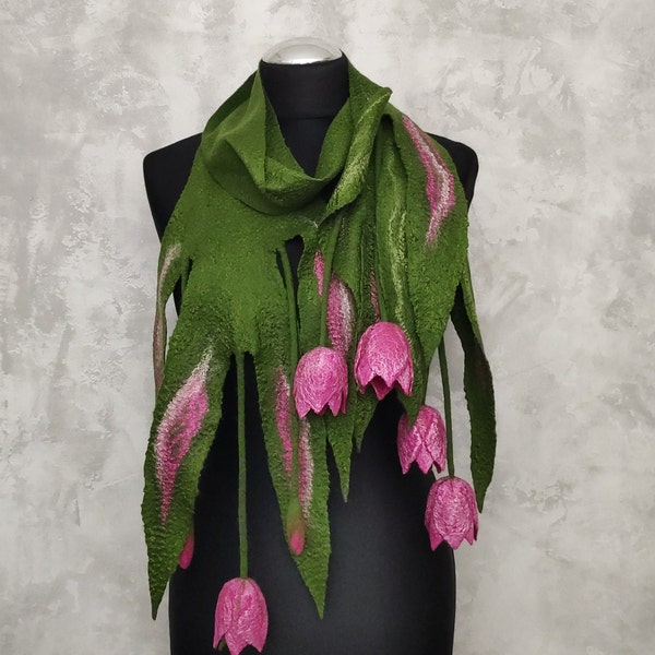 Écharpe verte en laine feutrée avec tulipes roses, Écharpe florale faite main en feutre pour femmes, Long châle en laine avec fleurs, Collier en feutre avec tulipes