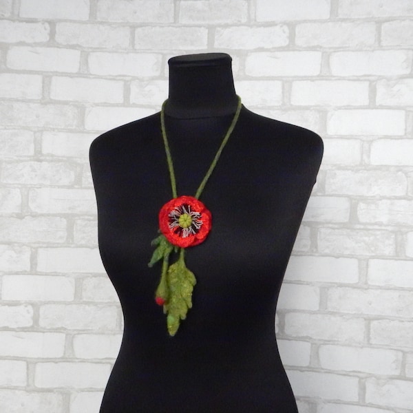 Collier en feutre de laine fleur rouge, Lariat floral feutré, cadeau bijoux en laine pour fille amante