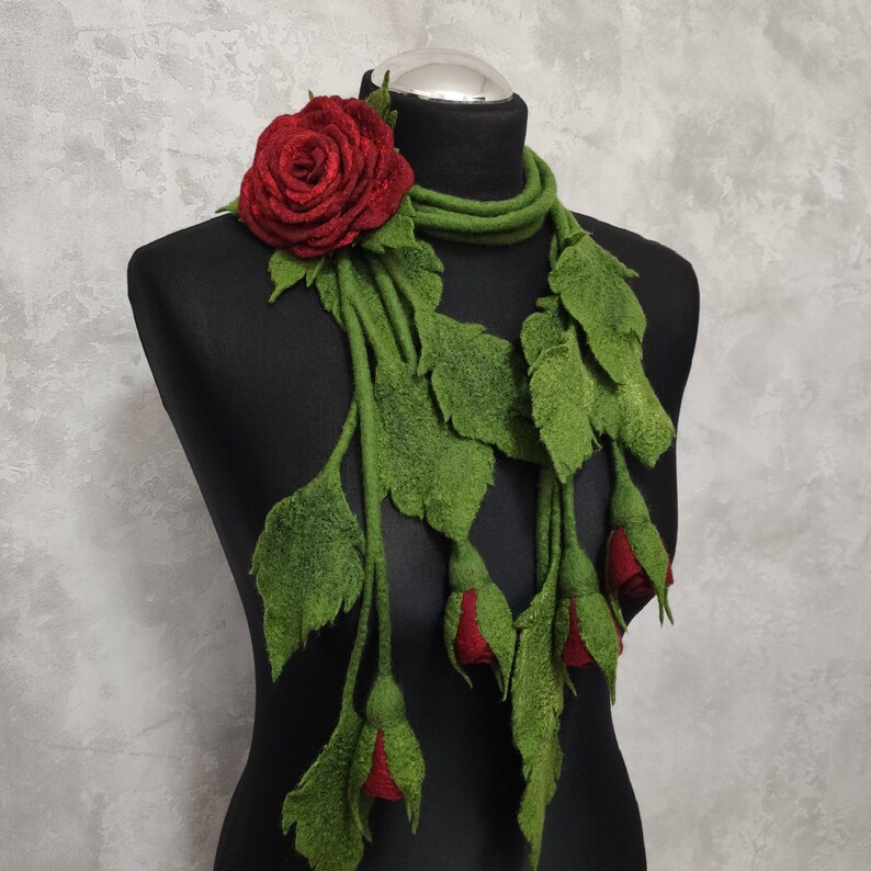 Felt Lariat Scarf Flower Dark Red Rose Brooch, Felted Wool Necklace Floral Bouquet, Fashion Skinny Scarf image 20