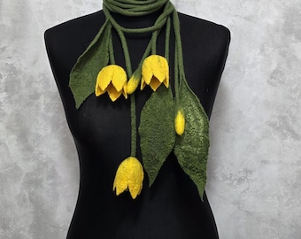 Felted Tulip Lariat Necklace, Yellow Flower Scarf Necklace, Merino Wool Floral Jewelry, Gift for Mom