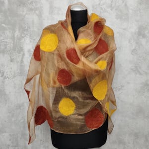 Nuno felted shawl Polka Dot, Terrakotta silk wool shawl handmade, Women silk wedding shawl, Felted scarves OOAK, Christmas in July