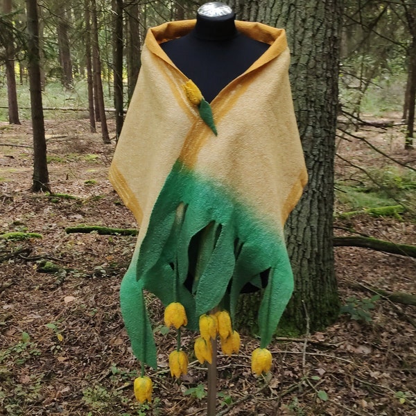 Felt wool silk scarf with yellow tulips, Nuno felted shawl, Woolen jewelry women's, Felt scarf and felted flower brooch, Best gift for mom