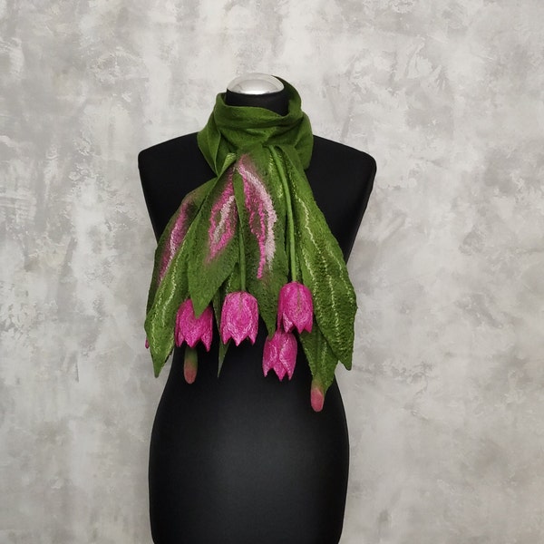 Womens felted green scarf dark pink tulips, Felt wool handmade floral scarf, Long shawl with flowers  for mom