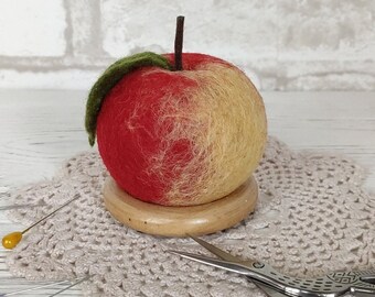 Vilten wollen speldenkussen rode gele appel, gevilt handgemaakt wollen fruitspeldenkussen, cadeau voor kleermaker rioolnaaister