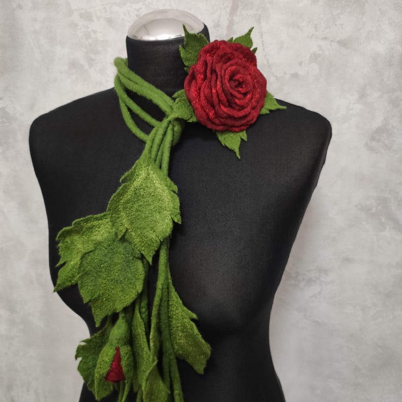Felt Lariat Scarf Flower Dark Red Rose Brooch, Felted Wool Necklace Floral Bouquet, Fashion Skinny Scarf image 18