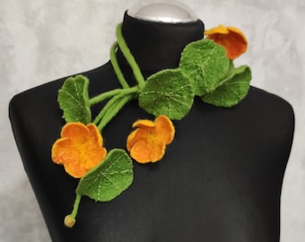 Felted wool necklace nasturtium, Woolen jewelry, Felted lariat with yellow and orange flowers Felt wool floral scarf for women Felt necklace