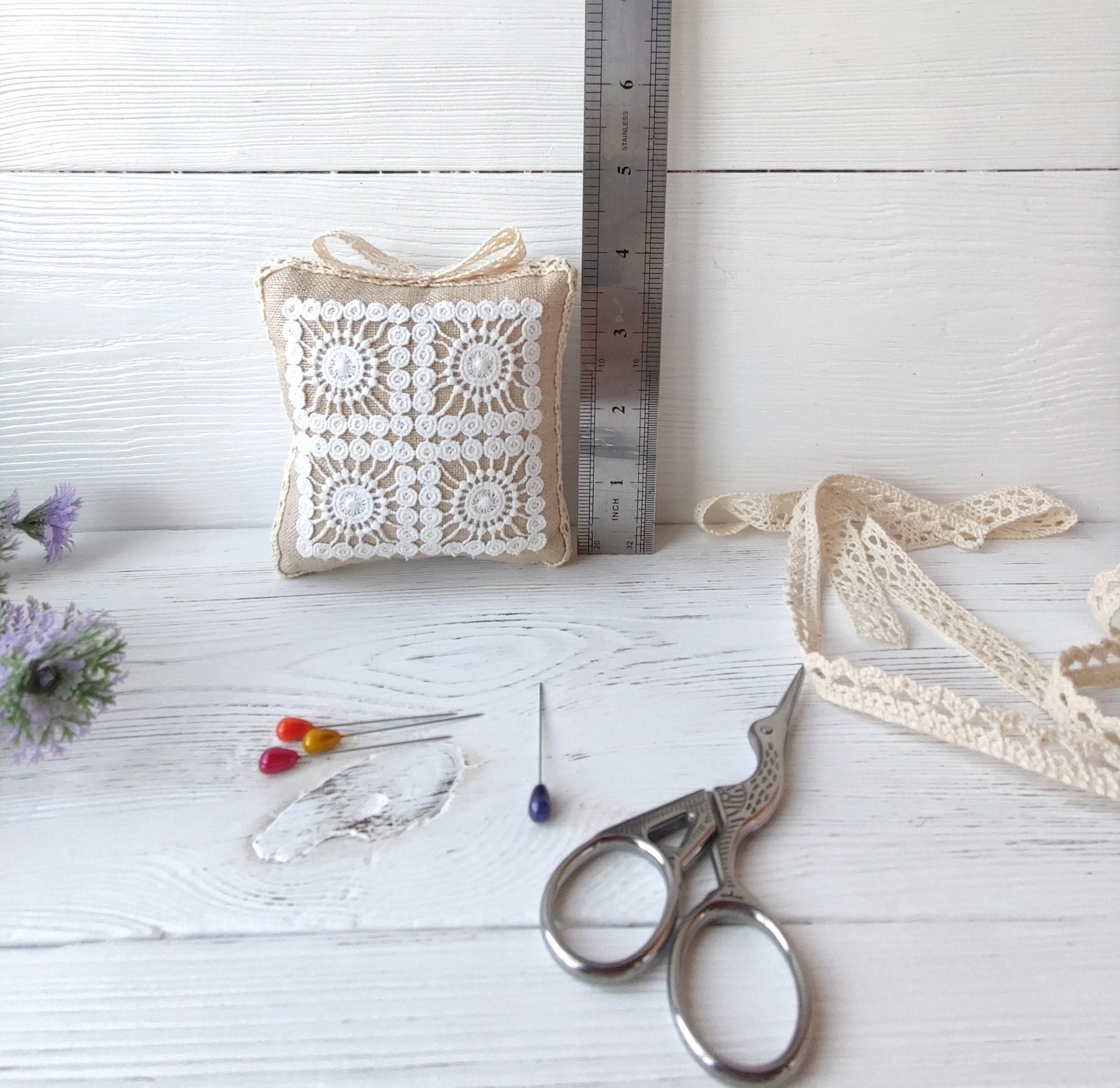 Fabric pin cushion with lace Pincushion linen handmade Etsy