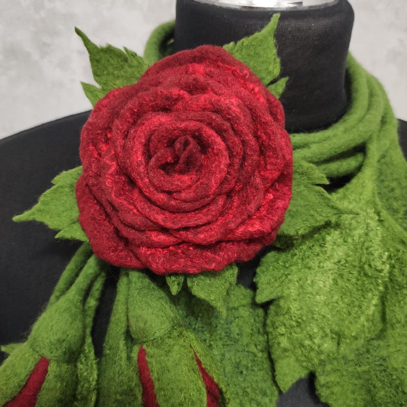 Felt Lariat Scarf Flower Dark Red Rose Brooch, Felted Wool Necklace Floral Bouquet, Fashion Skinny Scarf image 3