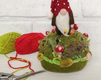 Felt pincushion gnome and mushrooms amanita, Felted wool handmade pincushion forest scene, Cushion for needles, Gift tailor sewer seamstress
