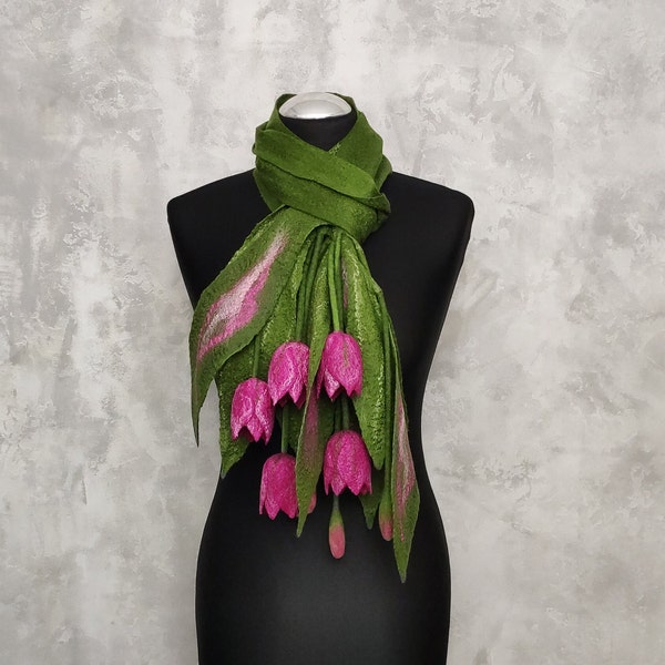 Womens felted green scarf dark pink tulips, Felt wool handmade floral scarf, Long shawl with flowers  for mom