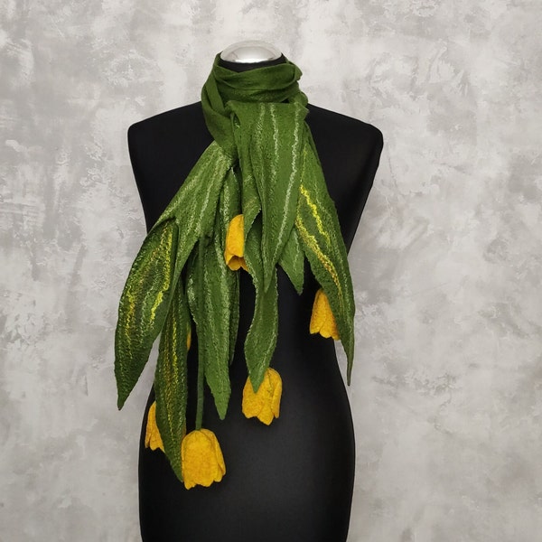 Felted wool green scarf with yellow tulips, Felt woolen light women's flower accessory, Beautiful floral necklace for mom, Felt floral scarf