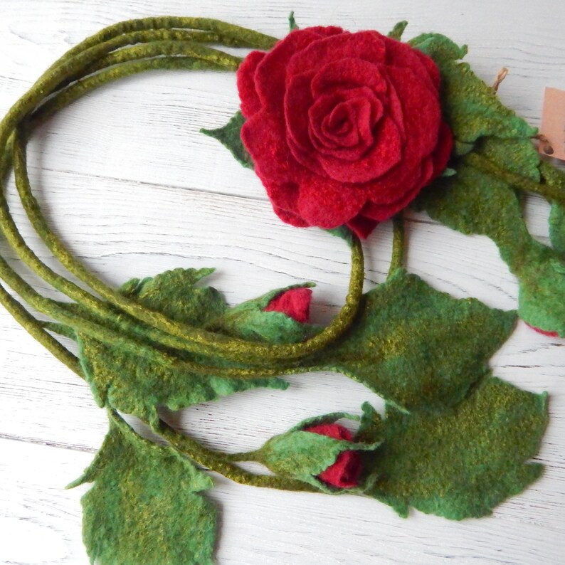 Felt Lariat Scarf Flower Dark Red Rose Brooch, Felted Wool Necklace Floral Bouquet, Fashion Skinny Scarf image 9