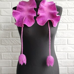 Felted Pink Reversible Scarf Ruffle With Tulips, Woolen Neck Warmer ...