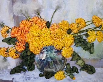 Silk Ribbon Dandelion Embroidery in Wooden Frame: Handcrafted Floral Wall Art