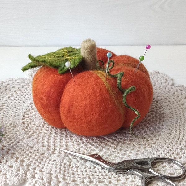 Felted wool pincushion orange pumpkin, Felt handmade large pin cushion, Needle cushion gift for tailor seamstress