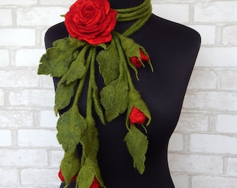 Felt lariat scarf flower dark red rose brooch, Felted wool necklace floral bouquet, Fashion skinny scarf