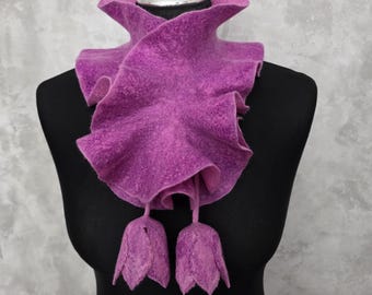 Felted Wool Scarf, Purple Pink Ruffle Collar with Tulips, Reversible Neck Warmer, Gift for Mom