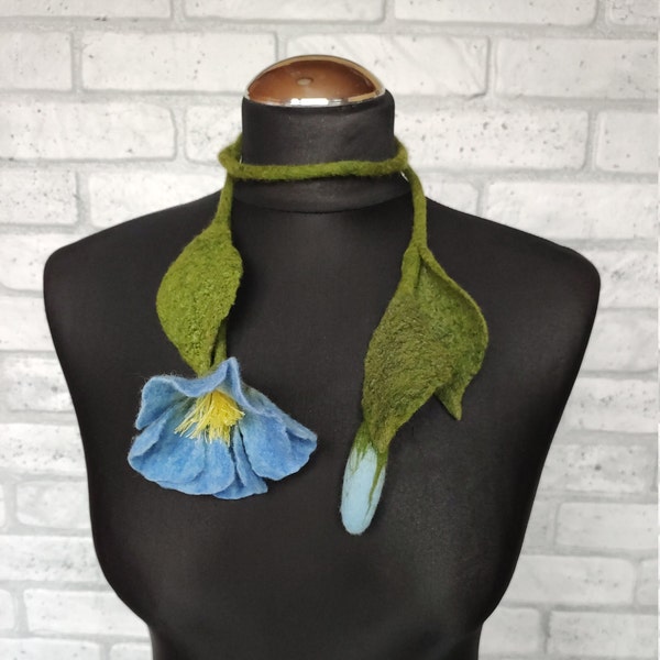 Felted wool boho necklace with  blue flower,  Felt woolen floral minimalist lariat, Gift birthday for girlfriend for wife