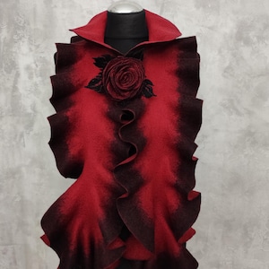 Red black felted ruffle long wavy collar, Felted brooch rose, Felt merino wool boa, Wearable art scarf neckwarmer, Christmas gift Mom