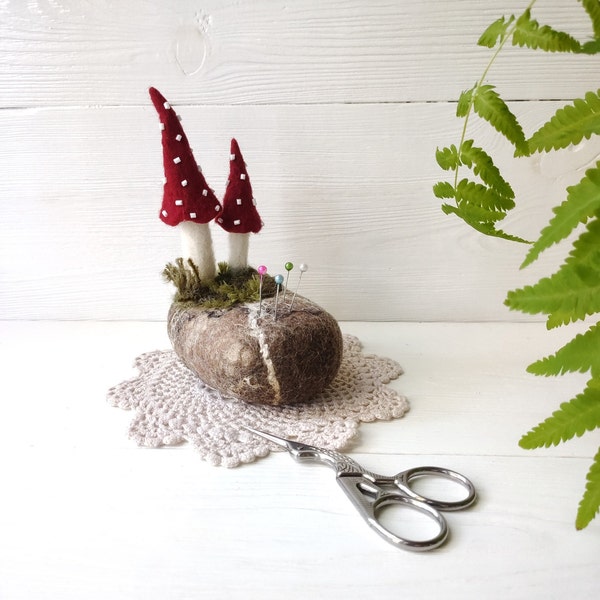 Felted wool pin cushion stone sea pebbles and mushrooms, Handmade pincushion red toadstools, Felt soft rock cushion for needles