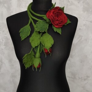 Felt Lariat Scarf Flower Dark Red Rose Brooch, Felted Wool Necklace Floral Bouquet, Fashion Skinny Scarf image 15
