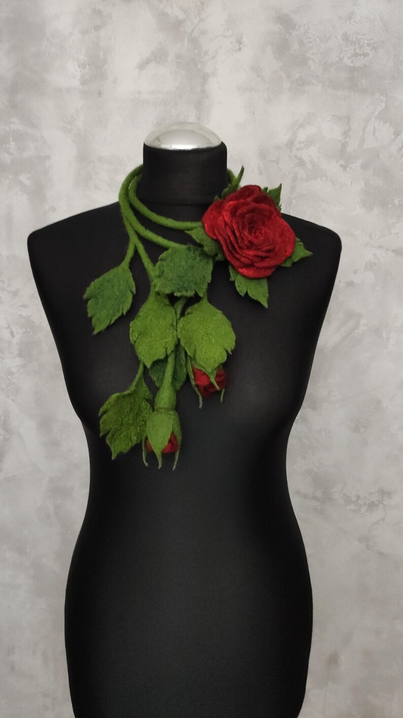 Felt Lariat Scarf Flower Dark Red Rose Brooch, Felted Wool Necklace Floral Bouquet, Fashion Skinny Scarf image 15