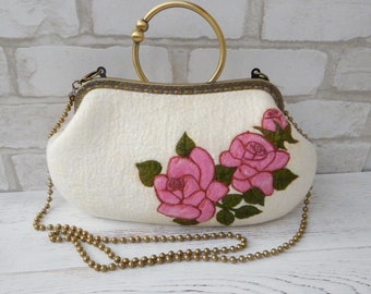 White felted bag women's, Felt kiss clasp bag with pink roses, Shoulder wool purse with flowers, Elegant evening handmade bag for women
