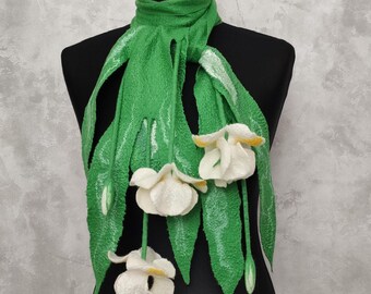 Felted Iris Scarf, Felt Merino Wool Floral Lariat, Handmade Accessory  With White Flowers, Anniversary Gift for Women