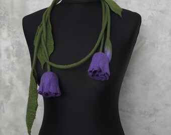Felt Wool Lariat With Lilac Tulips, Felted Floral Necklace Purple Flowers, Women's Woolen Jewelry to Neck, Gift for Women, Mom