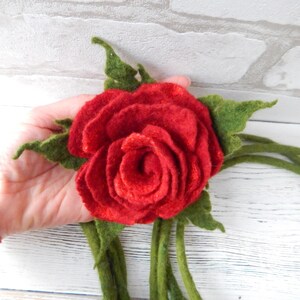 Felt Lariat Scarf Flower Dark Red Rose Brooch, Felted Wool Necklace Floral Bouquet, Fashion Skinny Scarf image 8