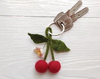 Felt keychain cherry blossom, Needle felted key ring for vegan, Cute wool key chain for women