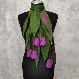 Felted Merino Wool Scarf Lariat: Purple Tulip Textile Necklace