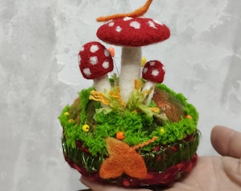 Vilten paddestoel speldenkussen, handgemaakt wollen speldenkussen, rode paddestoel naaicadeau, vilten naald kussen decor voor naaister moeder