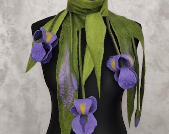Felted Lariat Necklace Lilac Iris: Felt Skinny Flower Scarf, Merino Wool Floral Jewelry Women