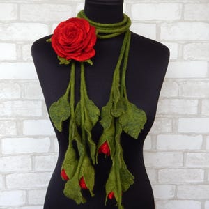 Felt Lariat Scarf Flower Dark Red Rose Brooch, Felted Wool Necklace Floral Bouquet, Fashion Skinny Scarf image 11