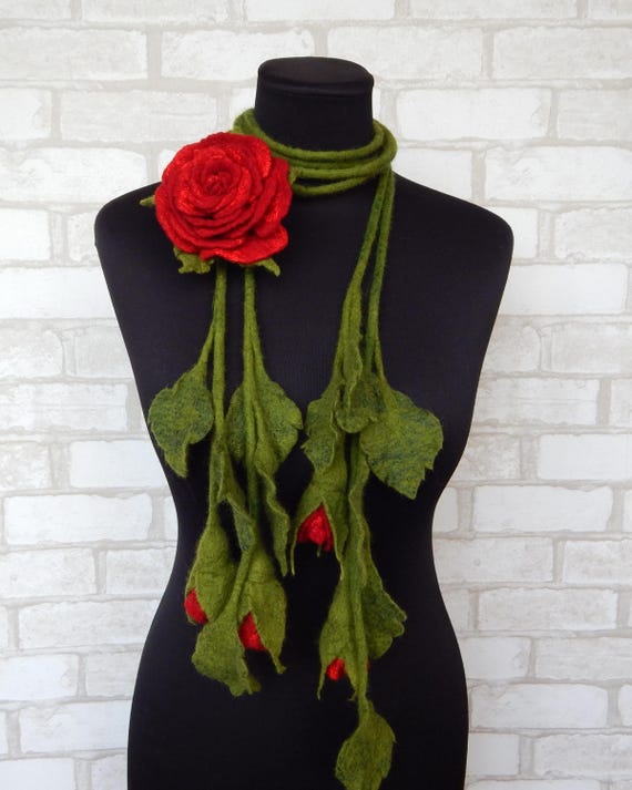 Felt Lariat Scarf Flower Dark Red Rose Brooch, Felted Wool Necklace Floral Bouquet, Fashion Skinny Scarf